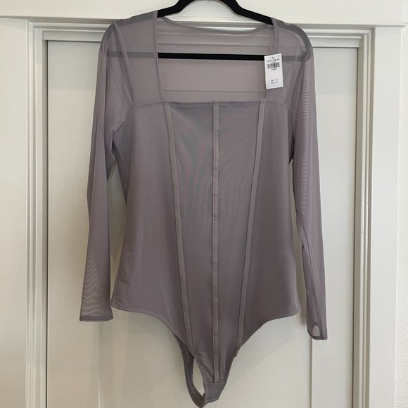 Abercrombie & Fitch Square Neck Mesh Long Sleeve Bodysuit Gray - Picture 1 of 6